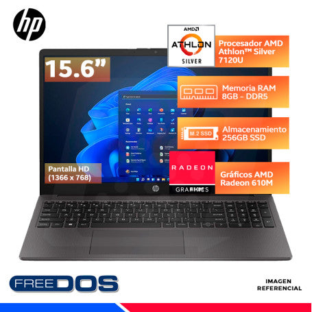 Laptop HP 255 G10 – AMD Athlon Silver 7120U, 8GB DDR5, SSD 256GB, 15.6” HD, Windows, Diseño Delgado y Ligero