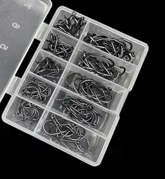 Anzuelos de Pesca con Ojo de Anillo – 100 Piezas de Acero Carbono Negro (Tamaños #3–#12)